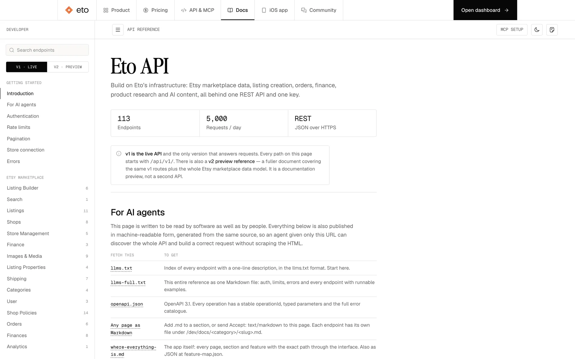 The Eto API reference: 113 endpoints and 5,000 requests a day, with the machine-readable formats listed for agents.