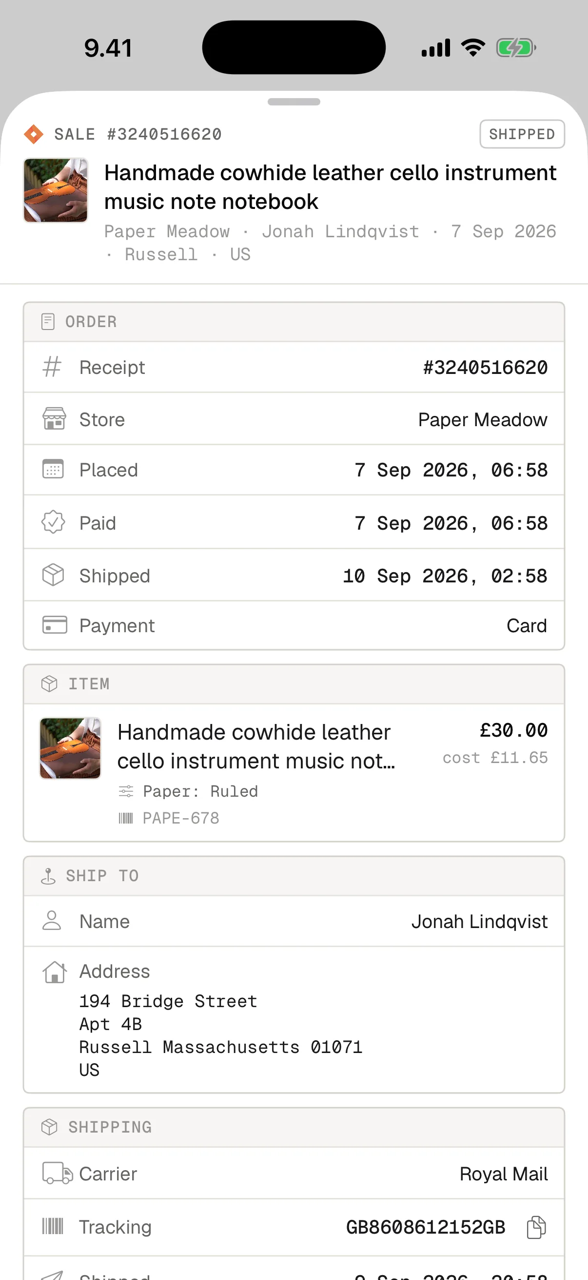 The Eto iOS app: one order in full, its receipt and store, when it was paid and shipped, the item, the address and the tracking number.