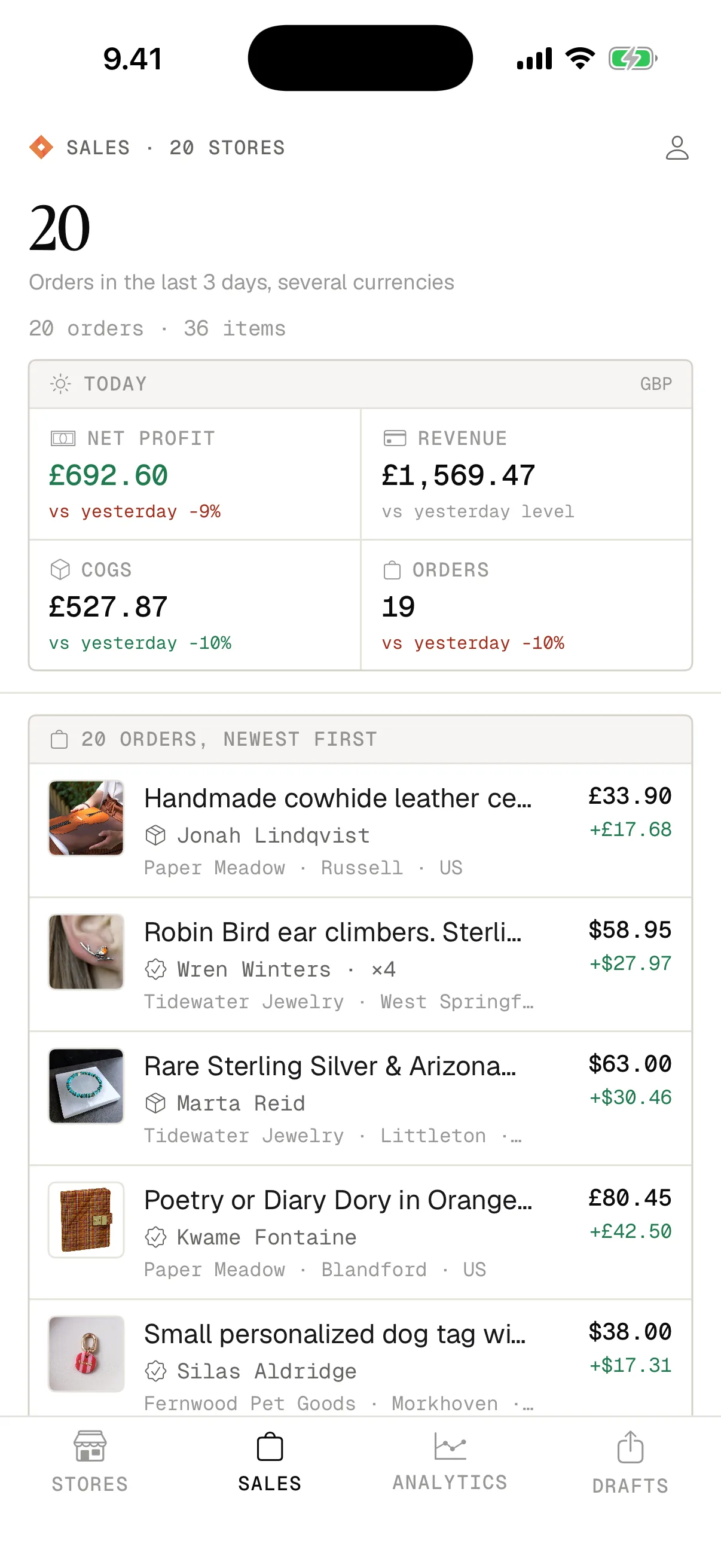 The Eto iOS app: the last 20 orders from every store, newest first, each with what it sold for and the profit left on it.
