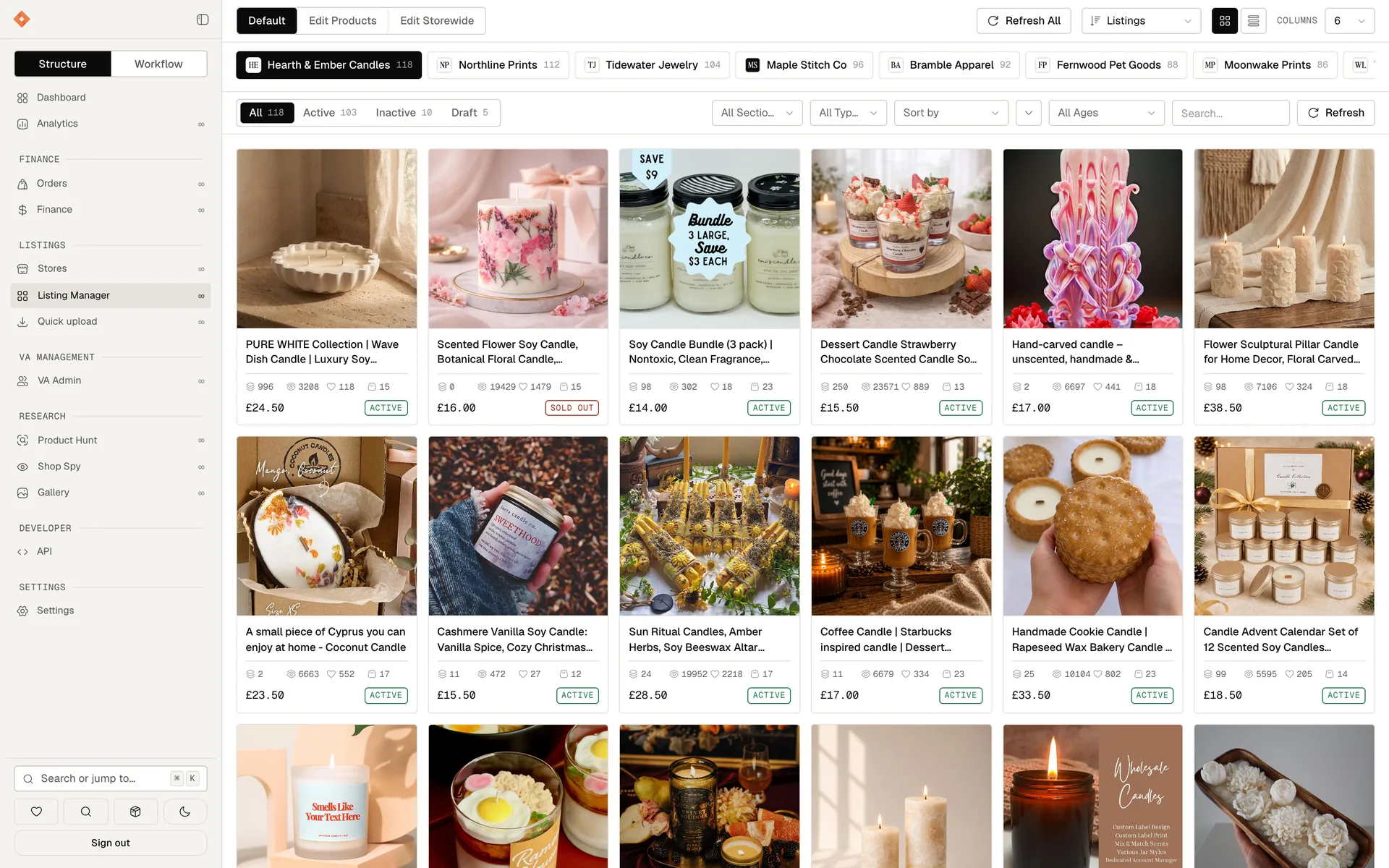 The listing manager: listings across stores as a grid of cards with price, state and stats, filtered by store chips.