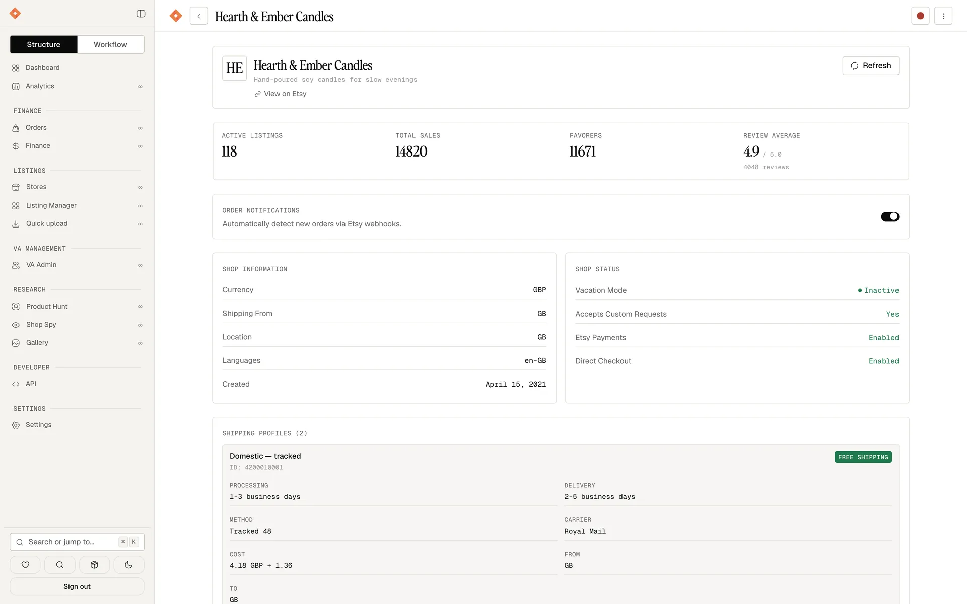 One store in full: active listings, total sales, favourers, review average, shop status and every shipping profile.